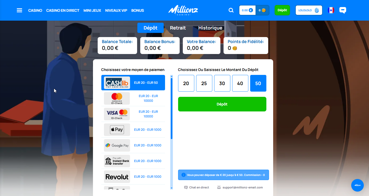 Suivez simplement ces étapes pour déposer vos fonds avec un coupon Cashlib.